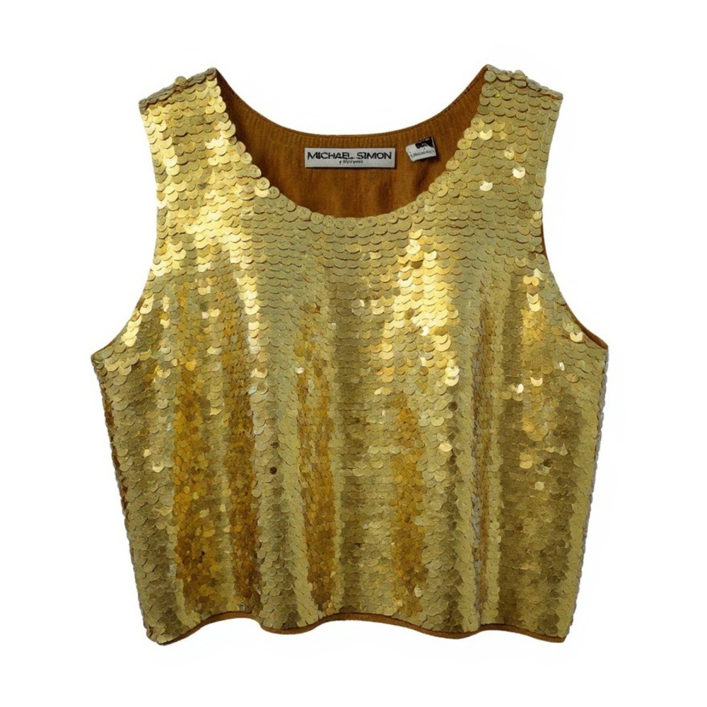 [s] MICHAEL SIMON Tank vintage 90s gold sequin shirt party cotton